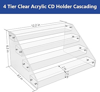 4Tier Clear Acrylic CD Holder - Cascading CD & DVD Storage Rack with Vinyl Record Stand - Holds up to 32 Cases (Large, Clear)