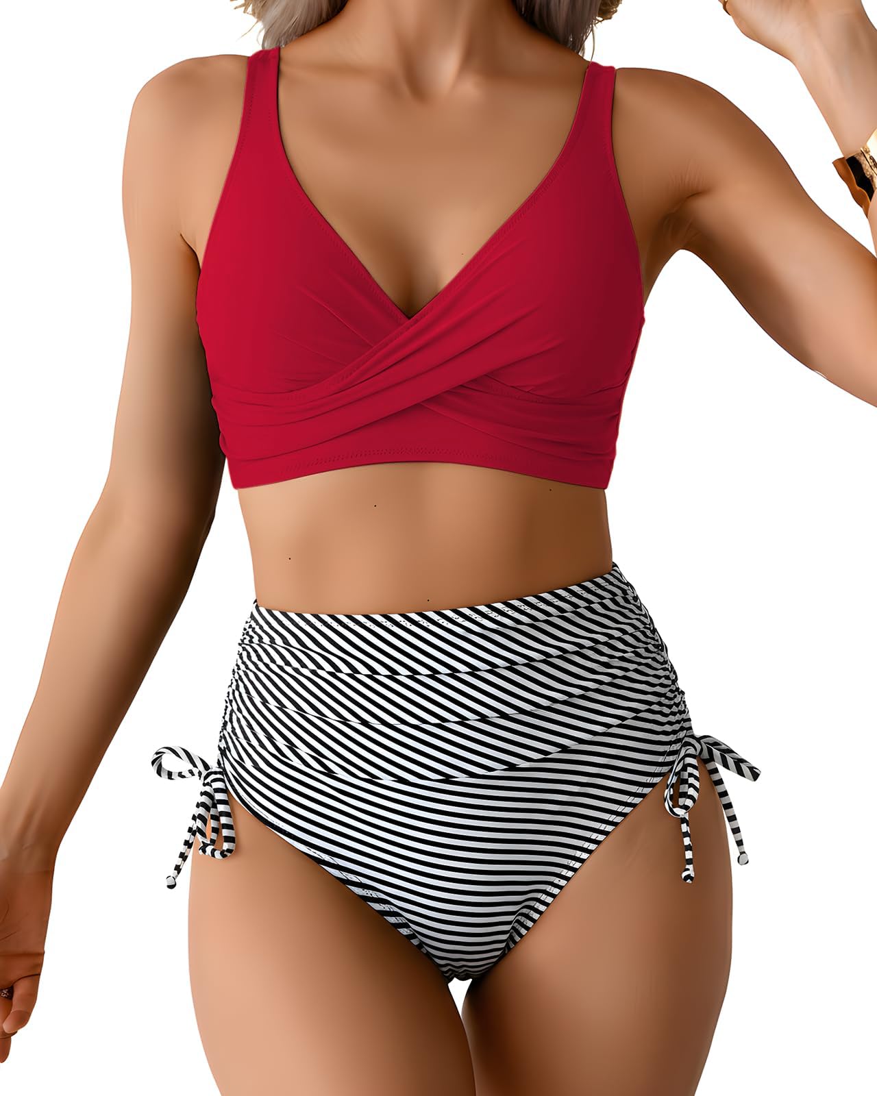 Photo 1 of VividHarbor Women's High Waisted Two Piece Swimsuit Twist Front V Neck Push Up Bikini Sets Padded Bathing Suit Swimwear