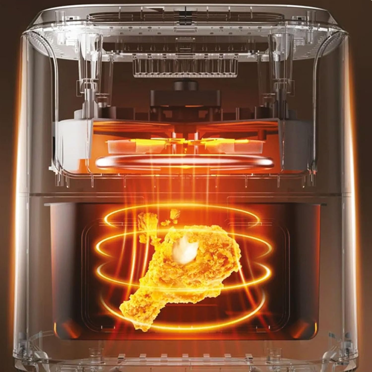 Diagram showing hot air circulating around a piece of chicken inside the air fryer