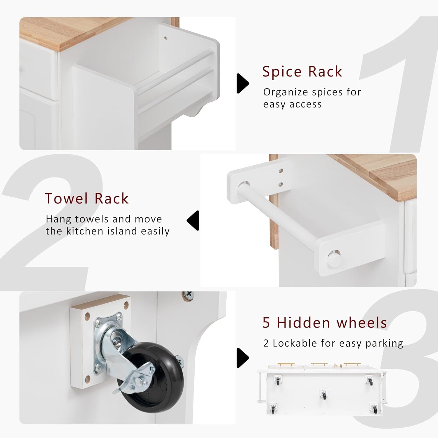 LUMISOL 59.3" Kitchen Island on Wheels with Trash Can Storage, Kitchen Cart with 2 Pull Out Cabinet Organizers & Rubber Wood Drop Leaf, Kitchen Table with Power Outlet, Spice & Towel Rack, White