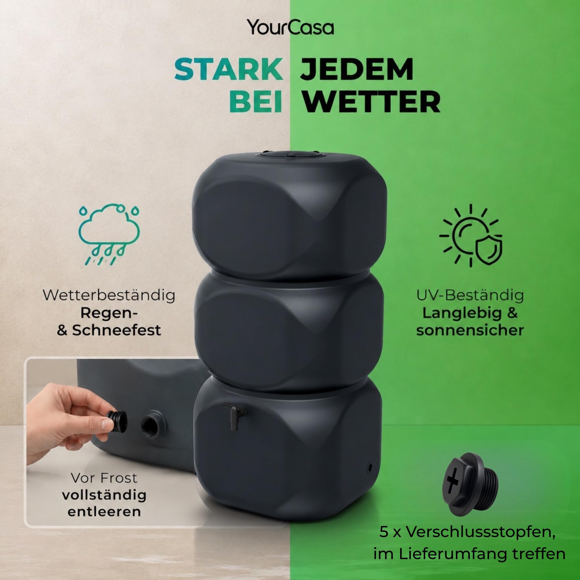 YourCasa Regentonne 320 Liter [Aquablock] - Wandtank mit Wasserhahn & Deckel - Wassertonne eckige Form - Regenfass Frostsicher Regenwassertonne Regenwassertank Wasserfass Garten (Anthrazit)