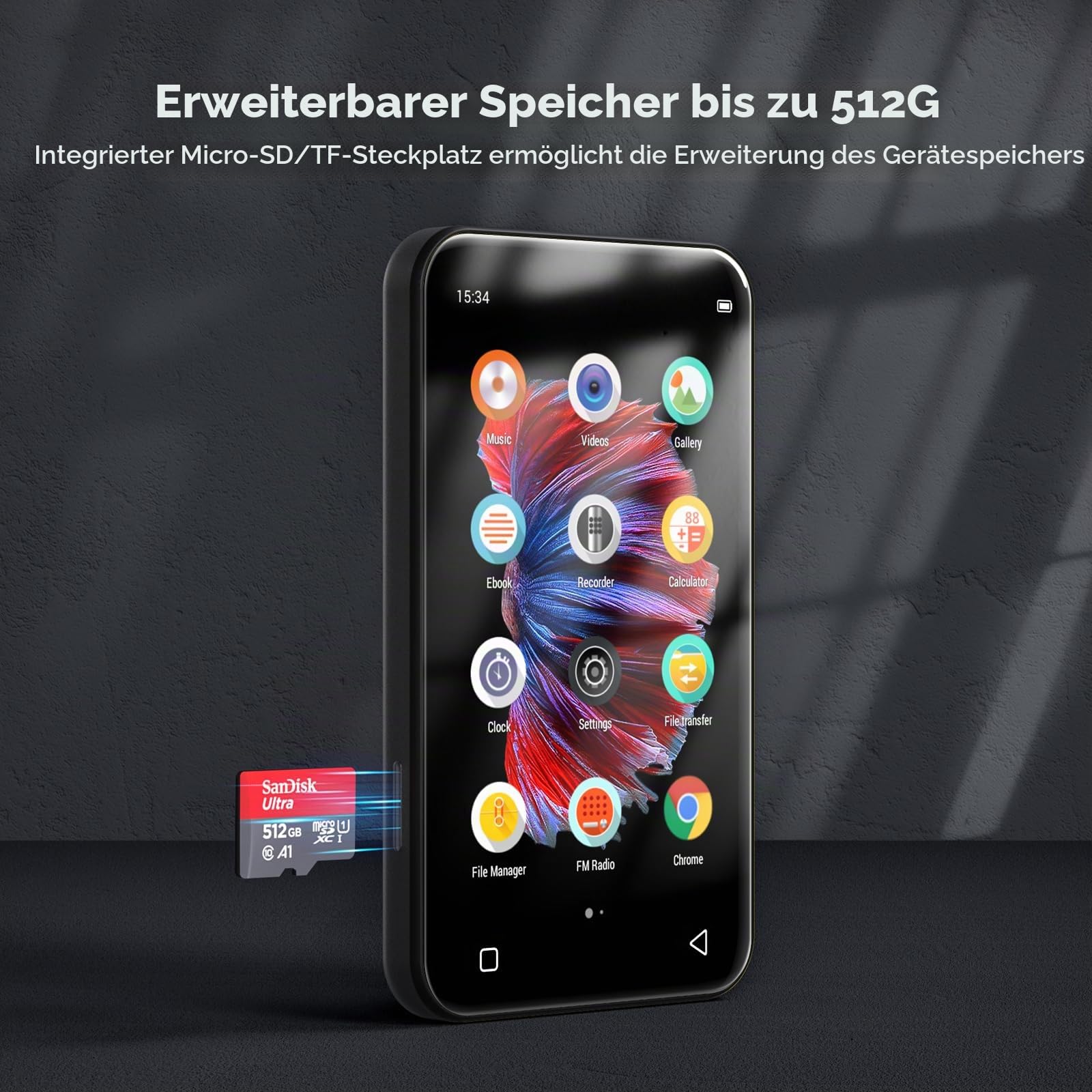 WiFi-MP3-Player mit Bluetooth, TIMMKOO 4,0-Zoll-Voll-Touchscreen-MP3-MP4-Player, tragbarer HiFi-Sound, digitaler Walkman-Musikplayer mit UKW-Radio, Rekorder, E-Book, Uhr, Browser (Schwarz)