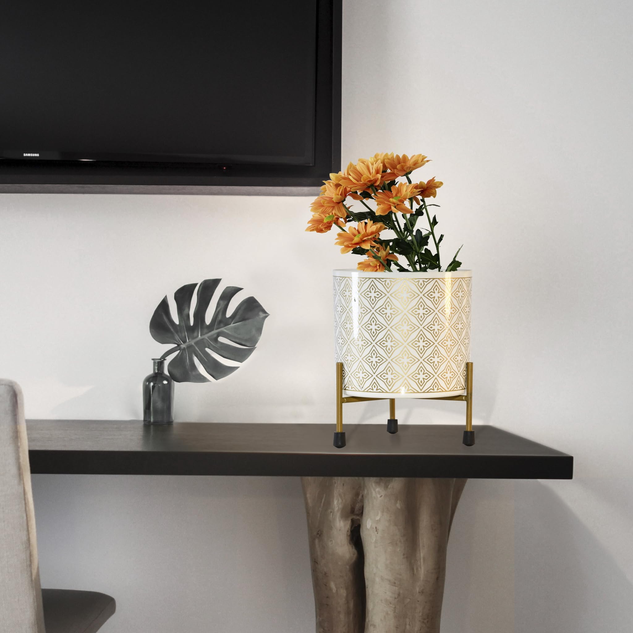 Metal Pot with Stand | Golden Metal Stand with Pot for Living Rooms | Balcony | Table Top Decoration Indoor Outdoor (Pack of 1) (White) (B0D7VQ3Y2Q) Amazon Price History, Amazon Price Tracker