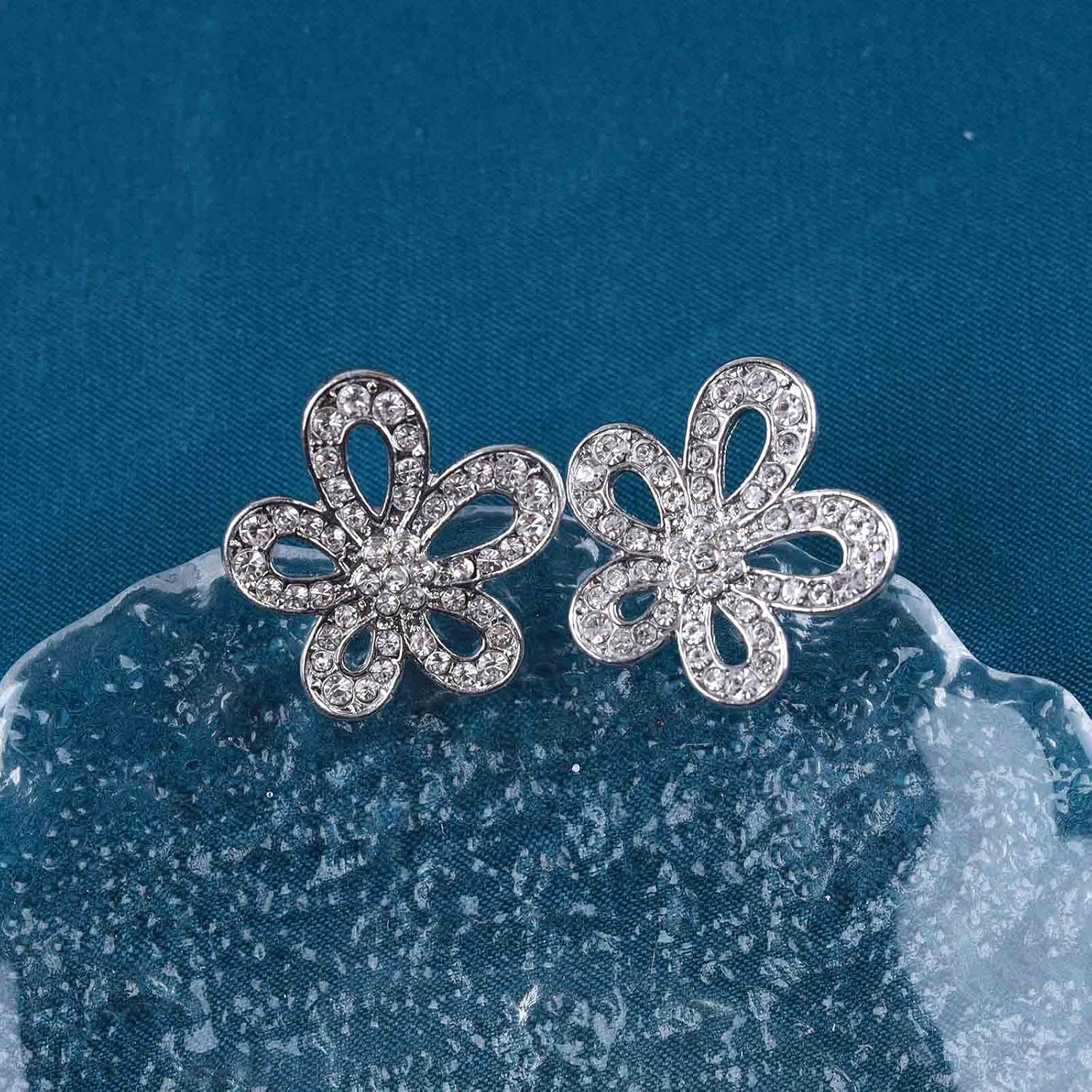 Vintage Crystal Flower Stud Earrings Rhinestone Flower Dangle Earrings Silver Cz Crystal Stud Earrings Hollow Flower Earrings Jewelry for Women - Image 3