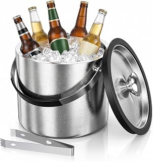 2L Edelstahl Eisbehälter mit Luftdichtem Deckel, Sieb und Eiszange, Eiswürfelbehälter Doppelwandiger, Lsolierter Eiseimer Bier Eiskübel WeinChampagner Kühler