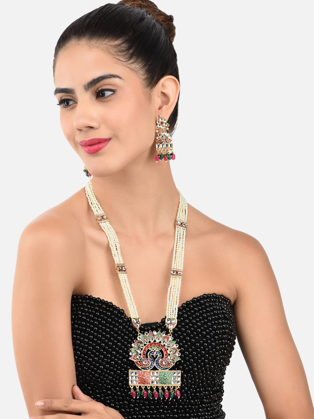Women's Peacock Inspired Meenakari Long Necklace & Earring Set