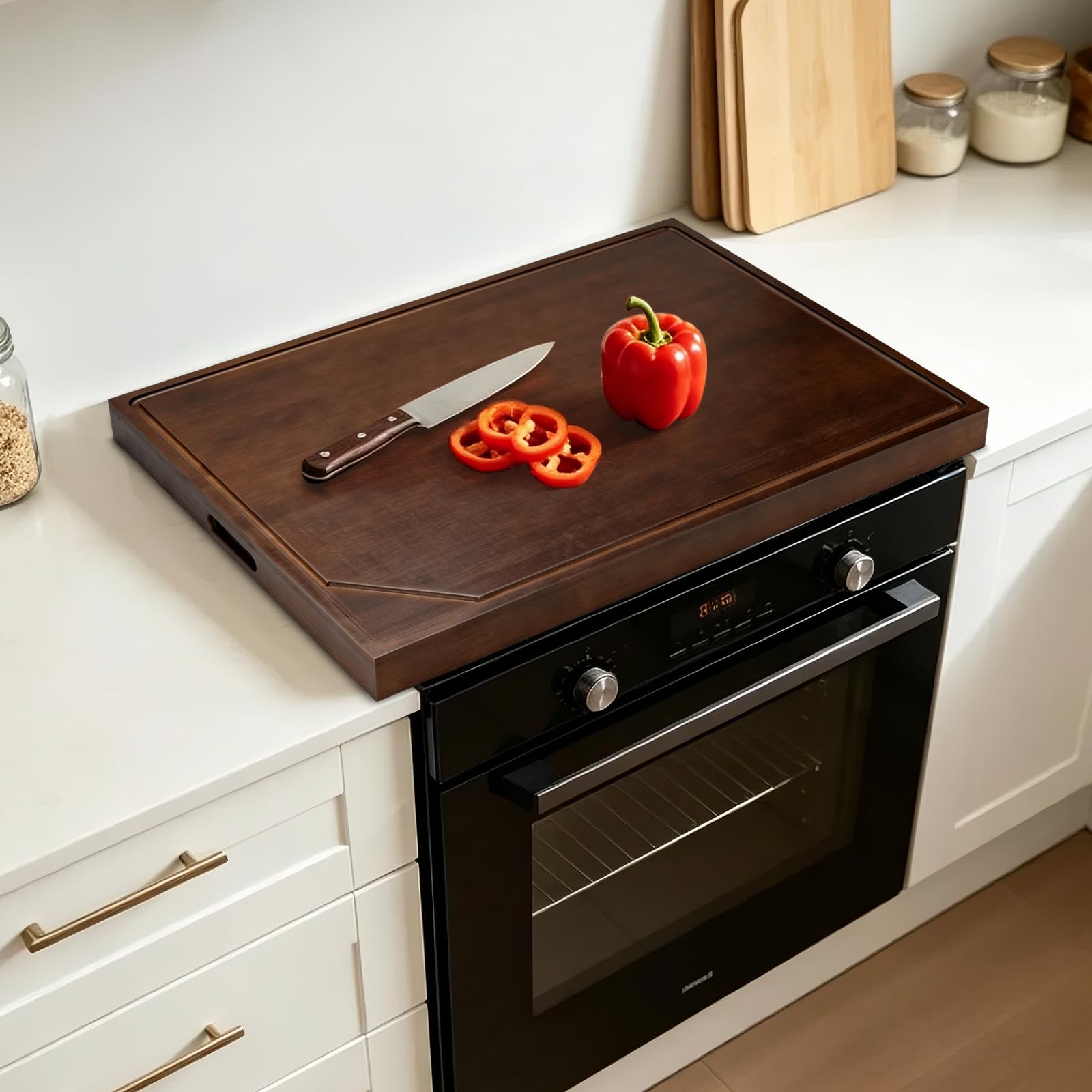 Bamboo Cutting Board Stove Cover with Handles (75x55.3x5cm), Walnut Color Serving Tray, Wooden Noodle Board Kitchen Sink Cover for Extra Counter Space, Gas Hob Protector for Gas/Electric Stove Burners