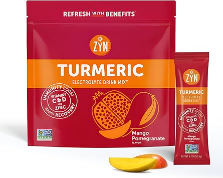 ZYN Electrolyte Drink Mix Hydration Packets, Mango Pomegranate Electrolytes Powder, Hydration Packets w/Turmeric Curcumin, Vitamin C & D, Zinc, Hydrate & Recover Electrolyte Powder, Pack of 16