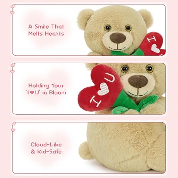 Teddy Bear Stuffed Animal with I Love You Heart Flower, 9 Inch