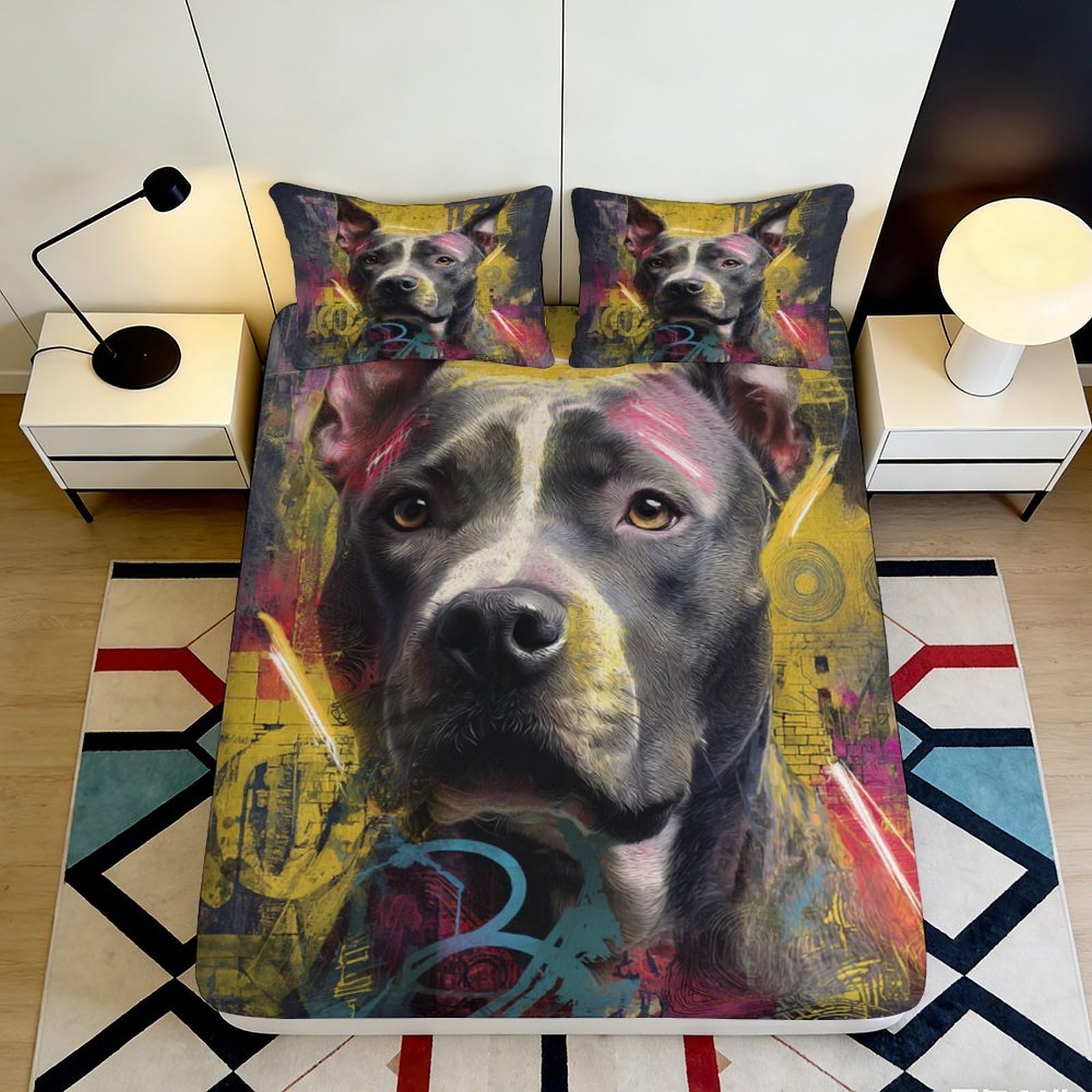 3D Printed Graffiti Dog Fitted Sheet Microfiber Deep Pocket Bedding Set Graffiti Dog Mattress Fitted Cover Non-Slip All Wrap for Bedroom 120x200x25cm