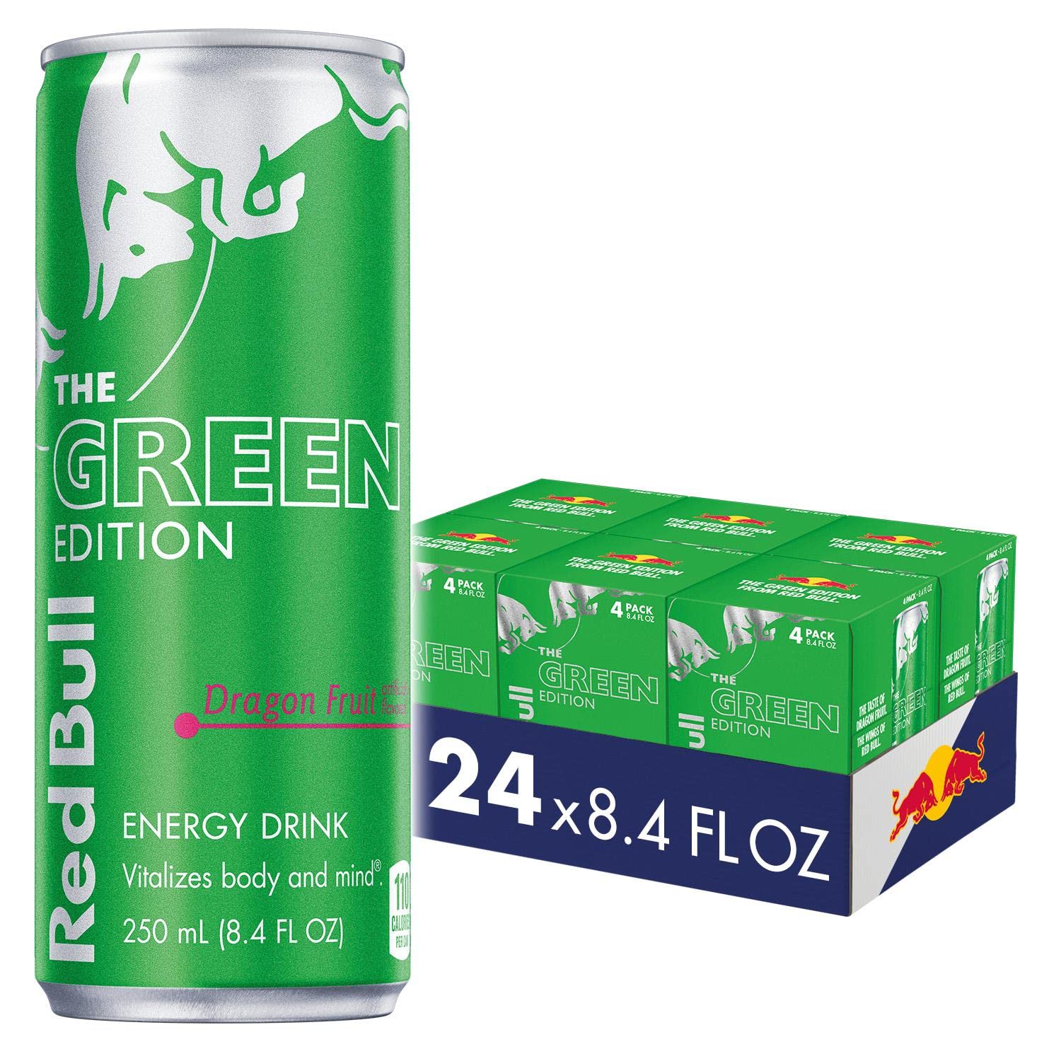 Red Bull Green Edition Energy Drink, Dragon Fruit, with 80mg Caffeine plus Taurine & B Vitamins, 8.4 Fl Oz, 6 Packs of 4 Cans (Pack of 24)