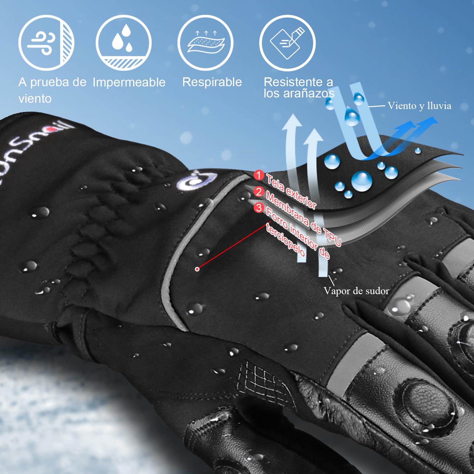 2KP CE Guantes de Moto Invierno para Hombre y Mujer, Guantes Moto Impermeables Prueba Viento Cálidos Guantes Motociclista con Puño Largo y Protección Dura en Los Nudillos Guantes Pantalla Táctil