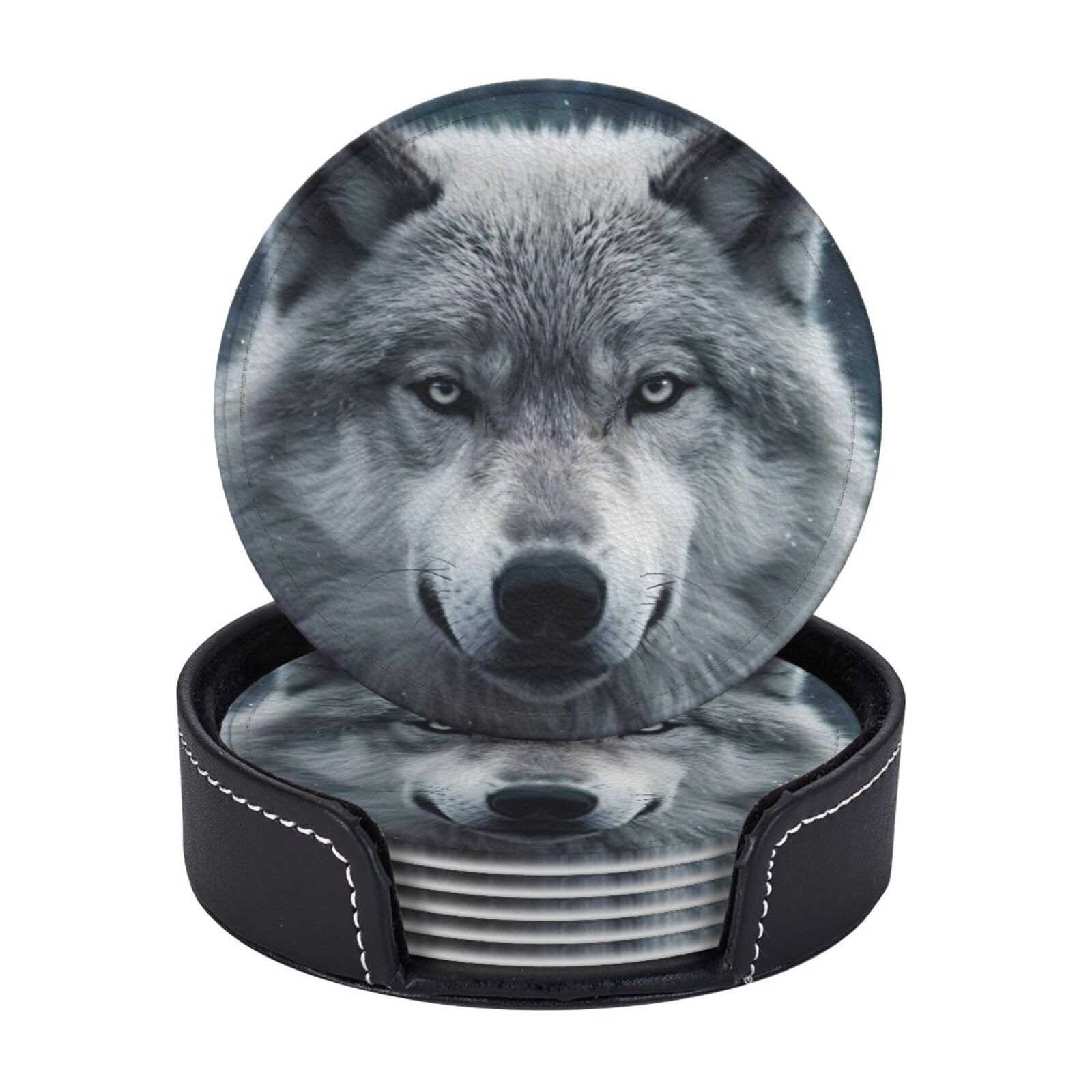 Coasters Set of 6 Leather Drink Coasters with Holder Lone Wolf Coasters for Drinks Heat Resistant Coaster Round Coffee Cup Mat Pad for Kitchen Office Home Decor
