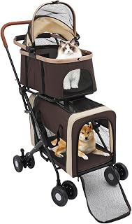 Foldable Stroller for 2 Dogs & Cats, Double Pet Stroller for Dogs and Cats with 2 Detachable Carriers, Easy Assembly Double Dog Strollers One Hand Foldale Kittens Puppies Travel Strolling Cart Coffee