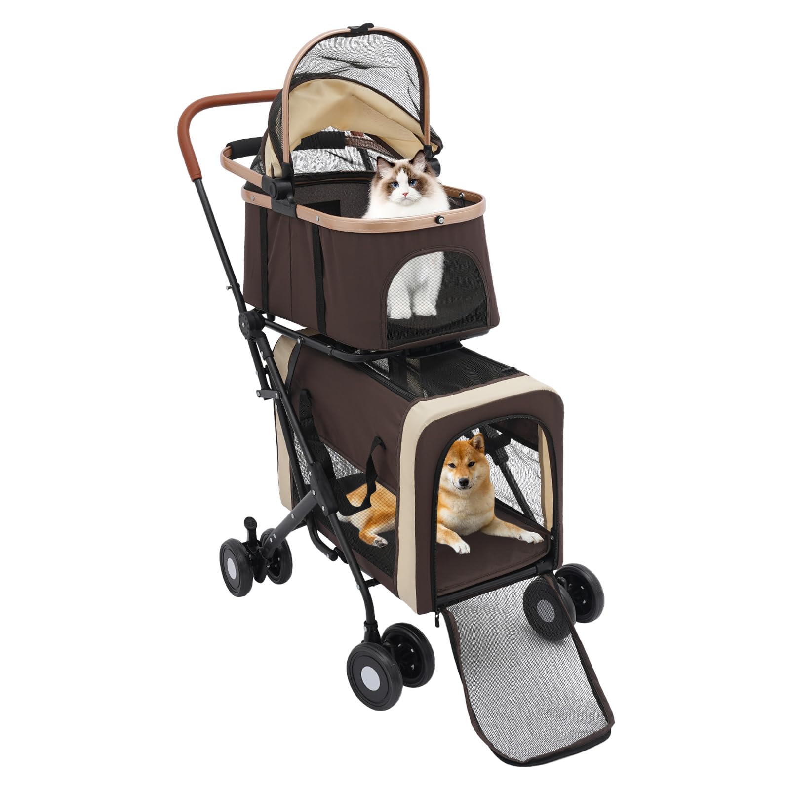 Foldable Stroller for 2 Dogs & Cats, Double Pet Stroller for Dogs and Cats with 2 Detachable Carriers, Easy Assembly Double Dog Strollers One Hand Foldale Kittens Puppies Travel Strolling Cart Coffee