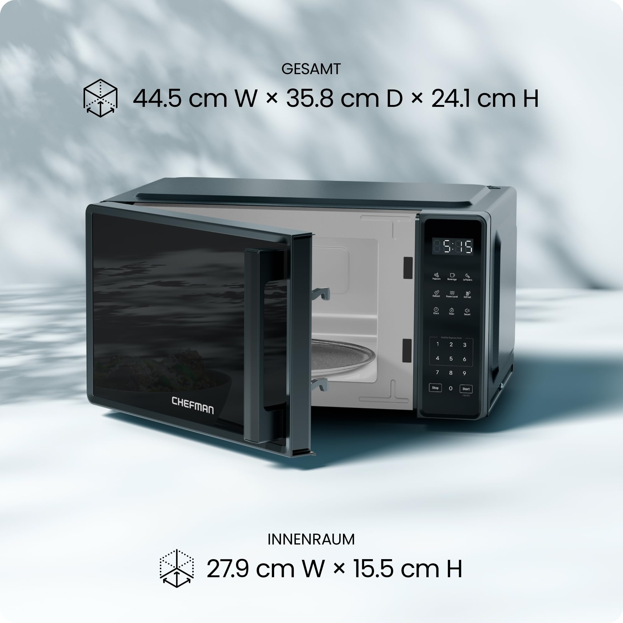 Chefman Tisch-Mikrowelle 20 l, 10 Leistungsstufen, 3 Kochprogramme, One-Touch-Express-Kochfunktion, Stummschalttaste – Schwarz