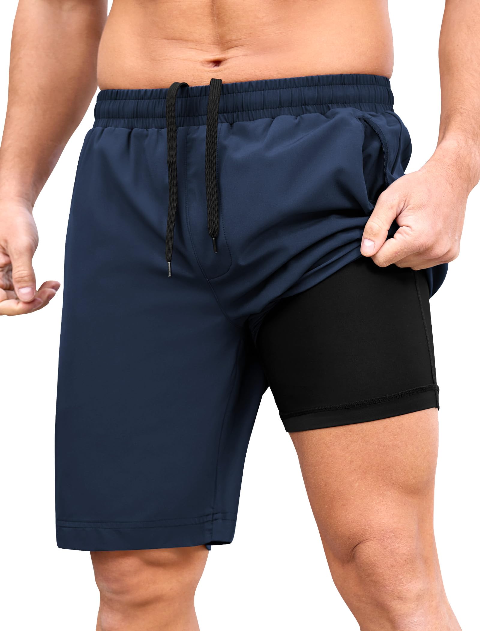 SILKWORLD Running Shorts for Men Quick Dry 9 Inch Basketball Athletic Shorts 2 in 1 Gym Workout Shorts