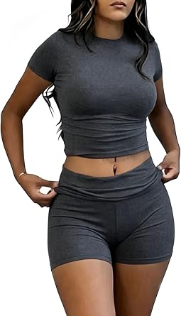YETOWA Women Y2K 2 Piece Outfits Slim Short Sleeve Low Waist Foldover Shorts Soft Stretchy Tracksuit Streetwear