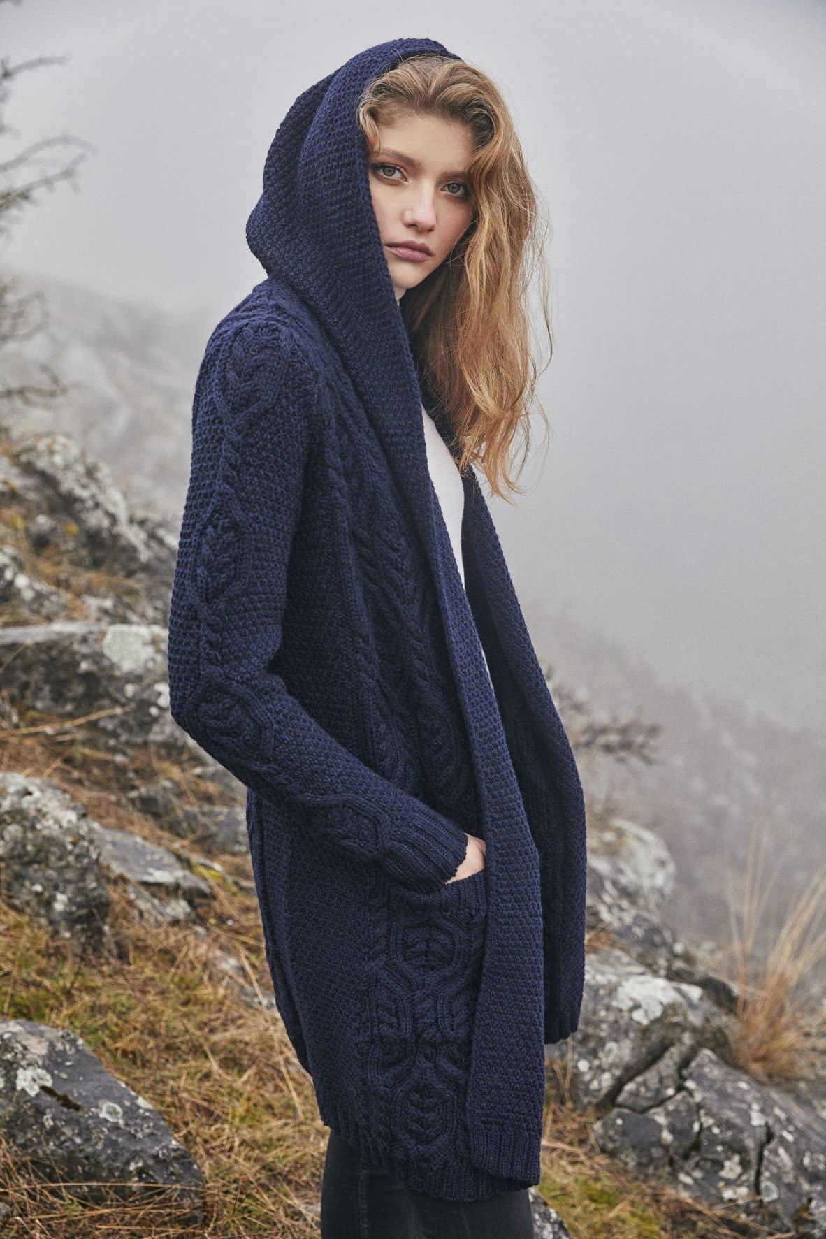 SAOL Klassische Passform Lange Strickjacke mit Kapuze aus 100% Merinowolle für Damen