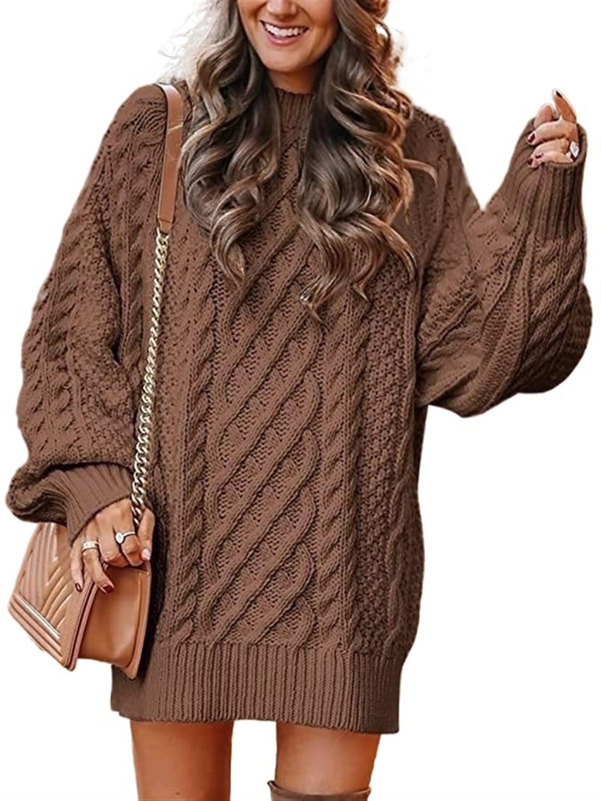SINLEX Women Long Sleeve Oversized Cable Knit Chunky Baggy Loose Pullover Tunic Mini Sweater Dress Trendy Fall Outfits(Brown,S)