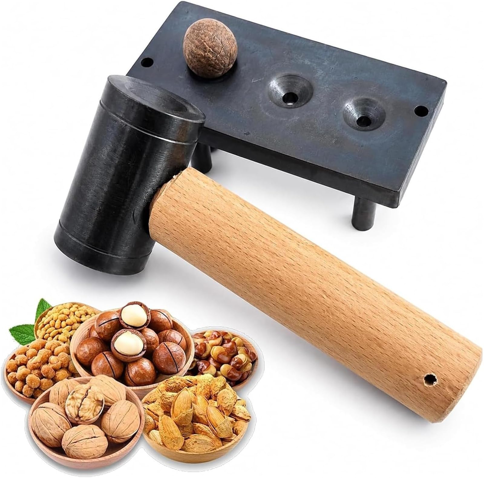 GYKOZY Macadamia Nut Cracker, Manual Nutcracker, Iron Base & Hammer, Base With 3-tapered Holes, For Diameter 12/16/19mm, For Walnuts, Chestnuts, Pecans, Hazelnuts