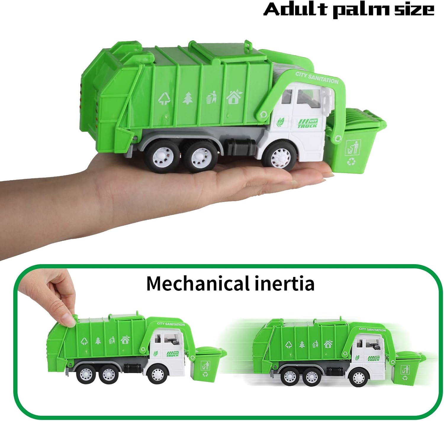 Garbage Truck Toys for Boys, 4 pcs 6" Friction Powered Trash Truck with Kids Playmat Car Rug, 8 pcs Roadblock Signpost, 4 Trash Bins with 108 pcs Trash Cards, Toy Gift for 3+ Years Old Kid