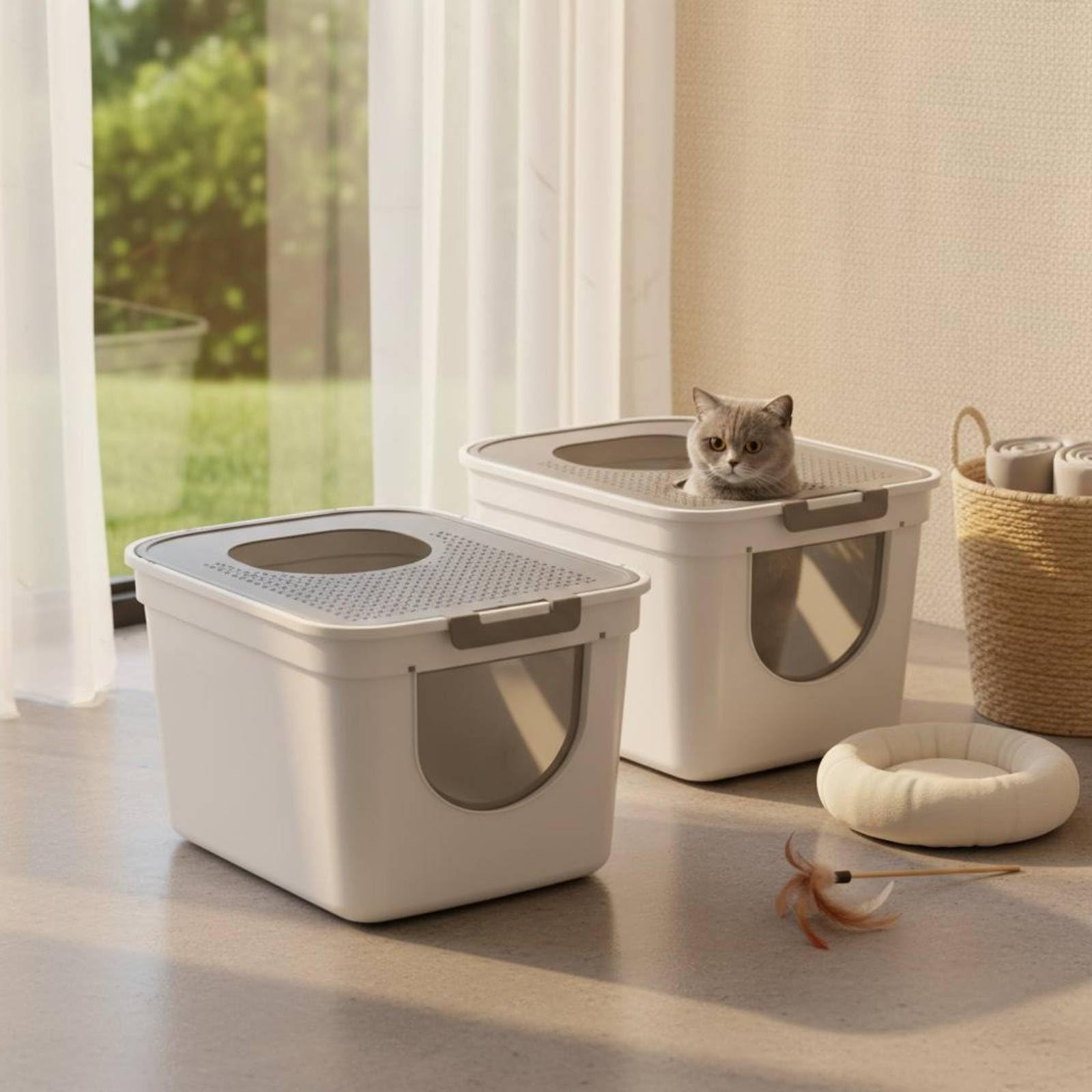 Baoblaze Arenero Cerrado para Gatos Caja de Arena Bandeja Higiénica Baño con Tapa Segura Laterales de PP Apto para Razas Domésticas Manejo de Olores Uso Diario, Gris Caballero, Grande