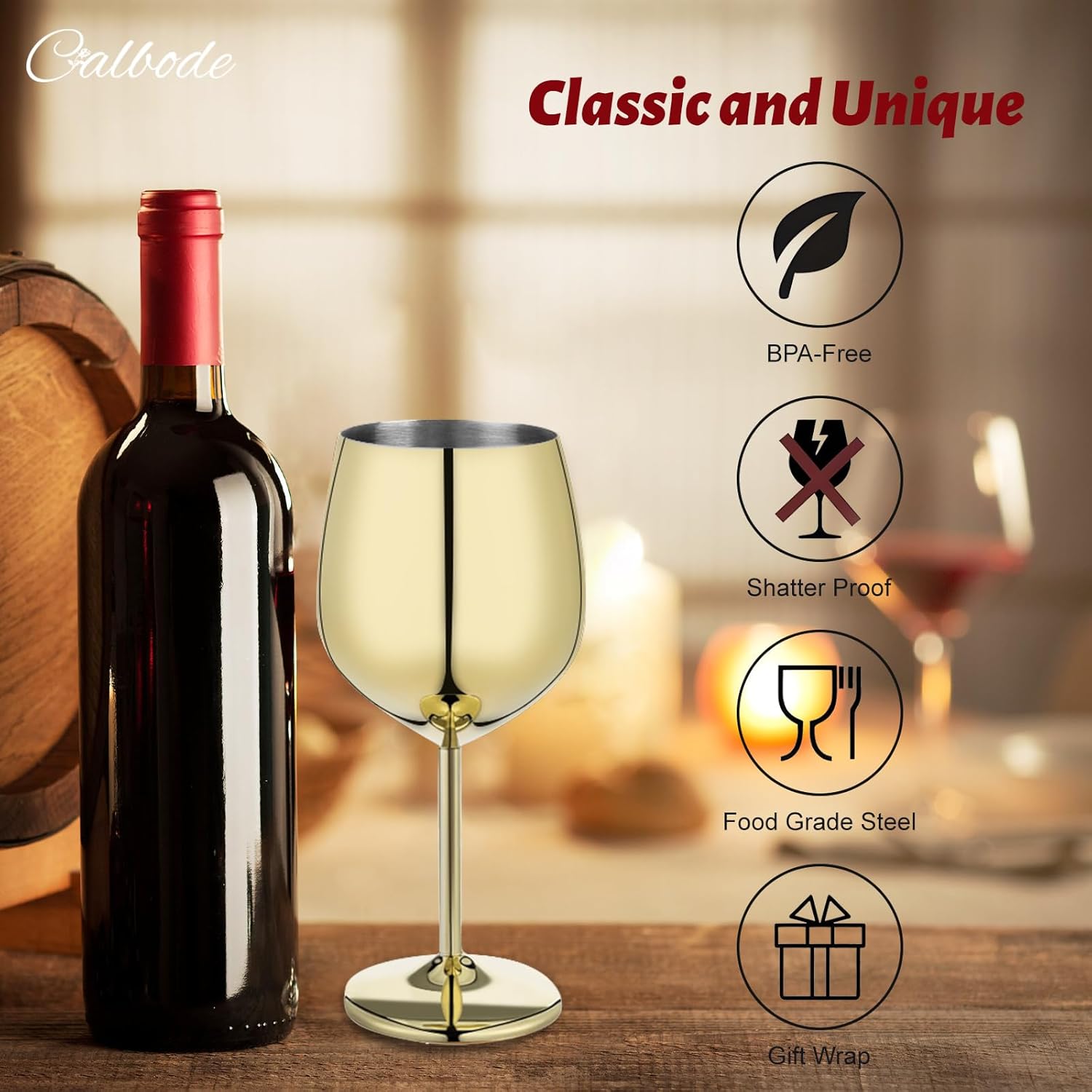 4Pcs Gold Stainless Steel Wine Glass 18 oz Unbreakable Wine Globets for Travel, Camping Picnics and Poolside, Resuable and Portable Metal Wine Glass for Christmas New Year Party