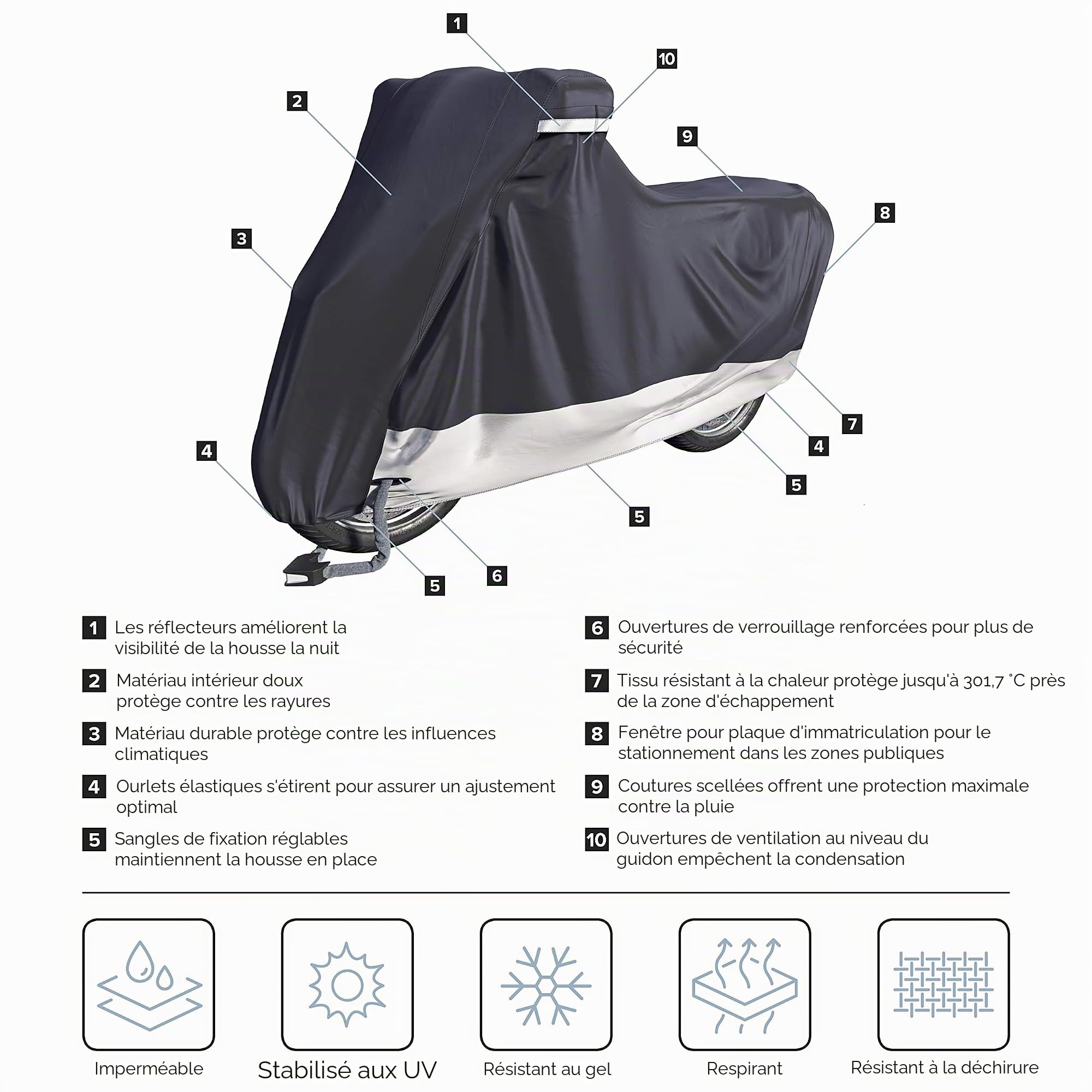 Velmia Bâche Moto pour extérieur & intérieur [Taille XL] Housse Scooter étanche, pour l’Hiver, protège Le Vernis & thermorésistant