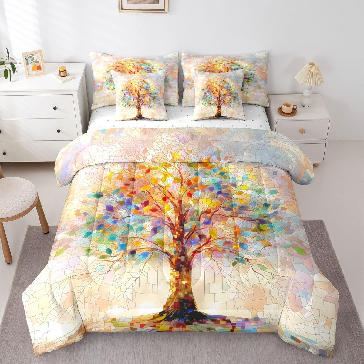 Tree of Life 7pcs Comforter Set Queen Size,Stained Glass Plant Flower Bedding Set for All Season,Dreamy Natural Bed in A Bag with Comforter,Sheets and Pillowcases,Watercolor Kids Boys Girls Room Decor