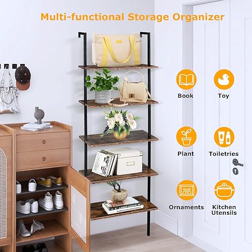 Miniatura 33 de Estantería de escalera de 5 niveles para montar en la pared, estantería de escalera con marco de metal y estante de madera, estantería