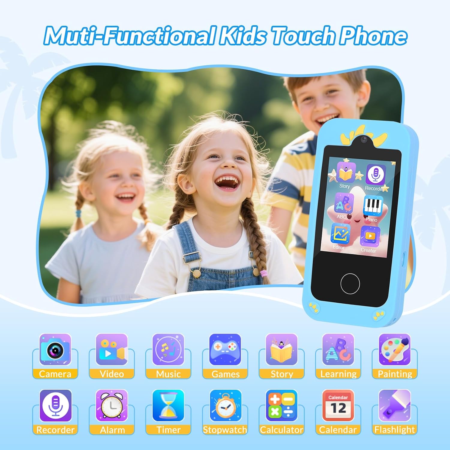 Mafiti Kids Smart Phone Toy for Girls & Boys, 2.8" Touchscreen, Toddler Learning Play Toy with Dual Lens, 1000mAh Battery, Birthday & Xmas Gift for 3-10 Year Olds, Dinosaur Phone, Blue