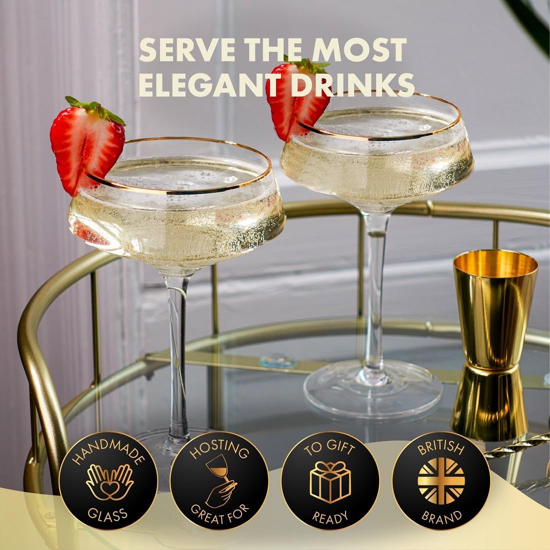 VEMACITY - Deluxe Espresso Martini Glasses Set of 4 | 10oz Coupe Glasses with Gold Rims for Champagne, Cosmopolitans - Includes Gold Jigger, Bar Spoon & eBook - | Ideal for Martinis and Manhattans - Image 5