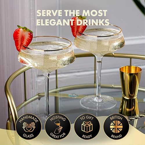 Miniatura 2 de VEMACITY - Juego de 4 vasos de Martini Espresso de lujo Vasos Coupé de 10 onzas con bordes dorados para champán, Cosmopolitans - Incluye jigger