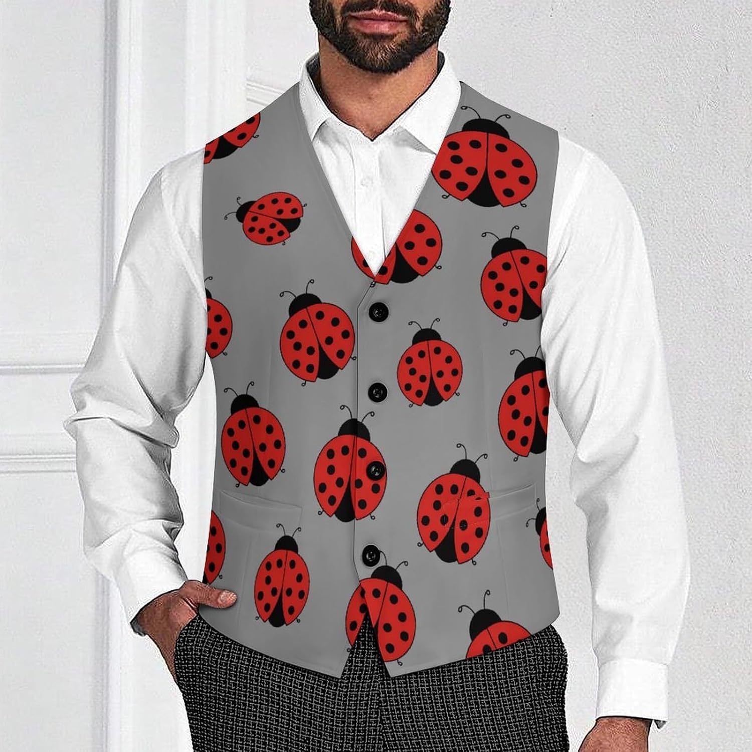 Lady Bug1 Casual Men's Business Suit Vest Slim Fit Formal Dress Waistcoat Vests