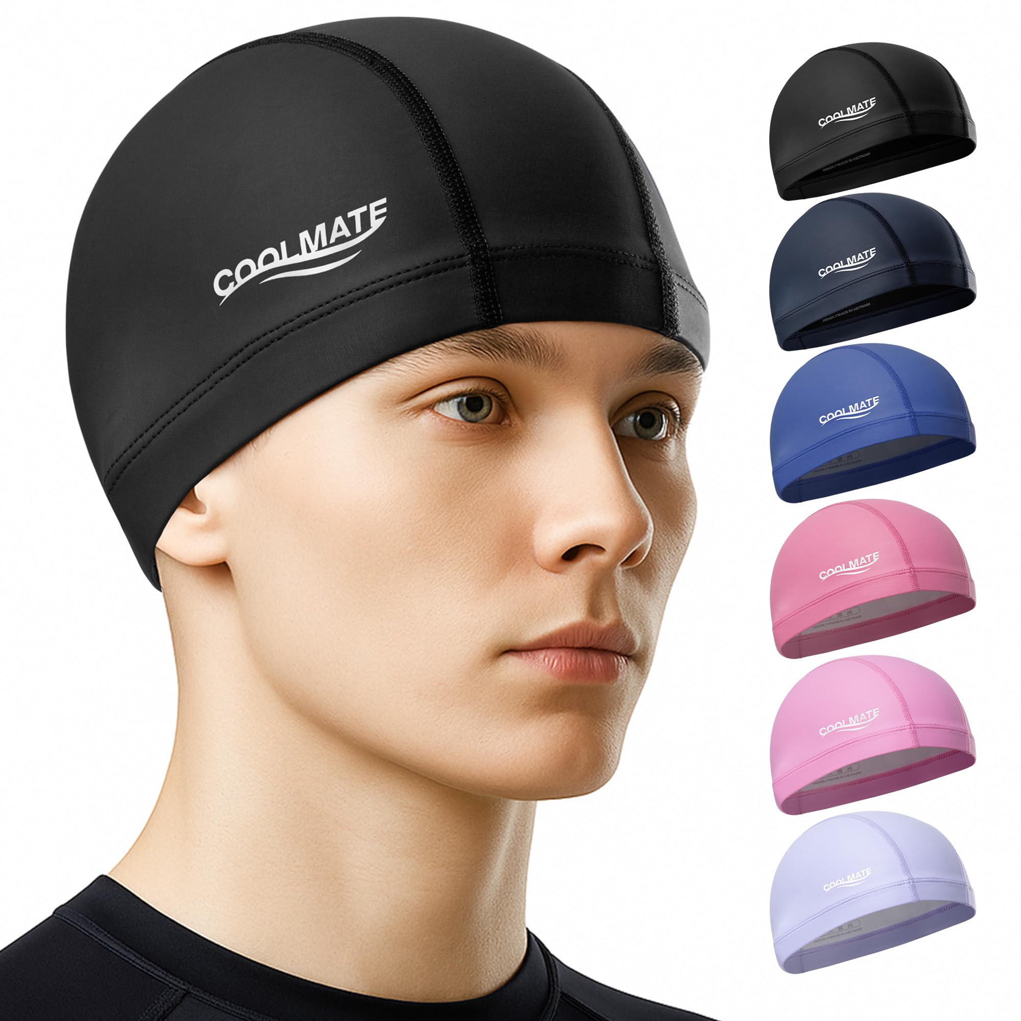 COOLMATE Fabric Swim Cap for Adult Women Men, Silicone Waterproof Layer, Cloth Swim Cap Gifts for Swimmers, Lightweight and Comfortable, Perfect for Pool, Beach, Lap Swimming (Black, L)