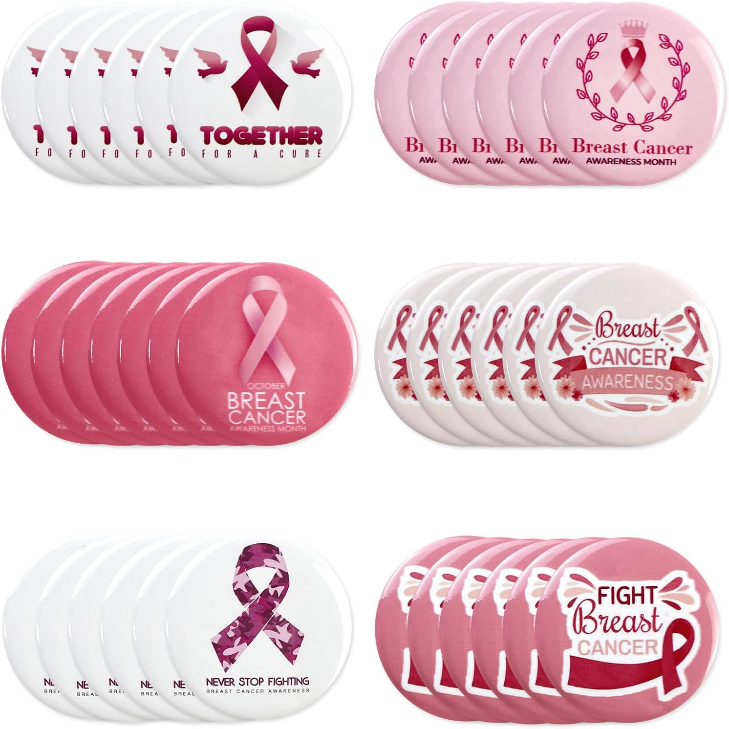CODOHI36 Pcs Breast Cancer Awareness Button Pins Round Badge Pins, Hope Support Faith Pink Ribbon Breast Cancer Brooch Lapel Pins for Girls Women 6 Designs