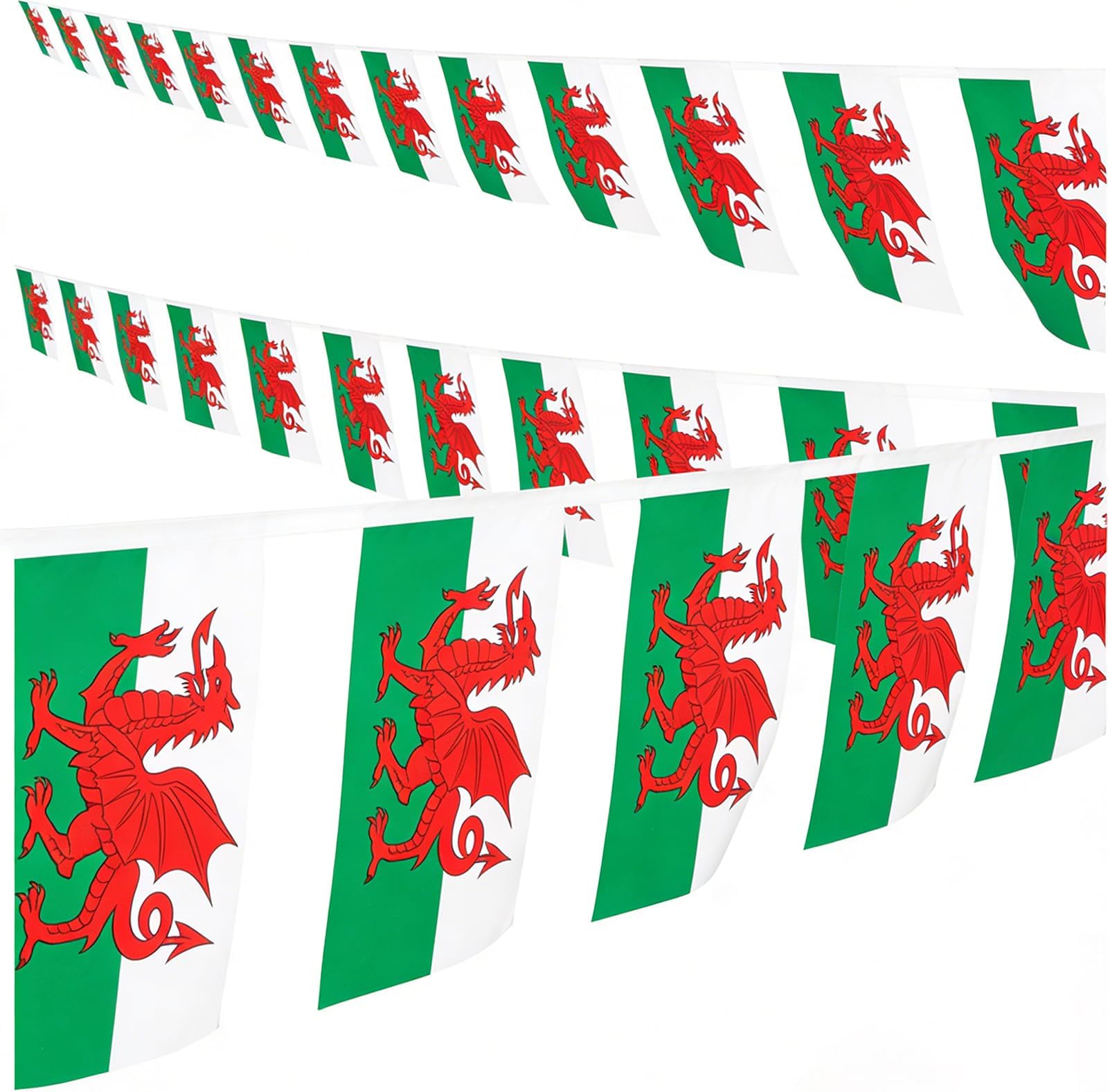 Wales Flag Bunting 12m - 30 Welsh Dragon Flags 14x21cm - Polyester Bunting for St David's Day Decor