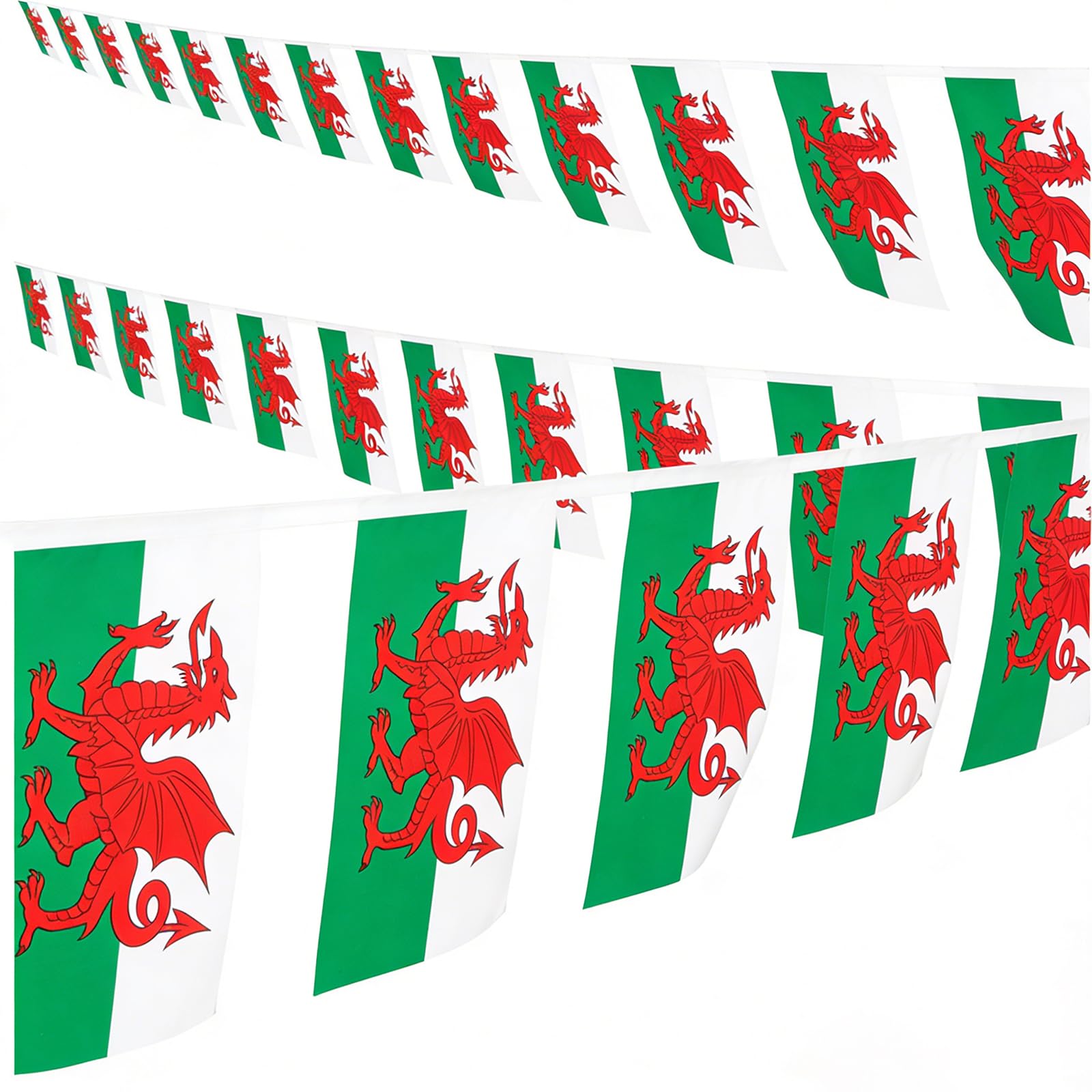 Wales Flag Bunting 12m - 30 Welsh Dragon Flags 14x21cm - Polyester Bunting for St David's Day Decor