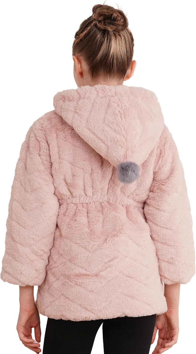 Freebily Kids Girls Winter Long Sleeve Fleece Coat Hooded Jacket Overcoat Hoodies Thick Sherpa Outwear with Rabbit Doll
