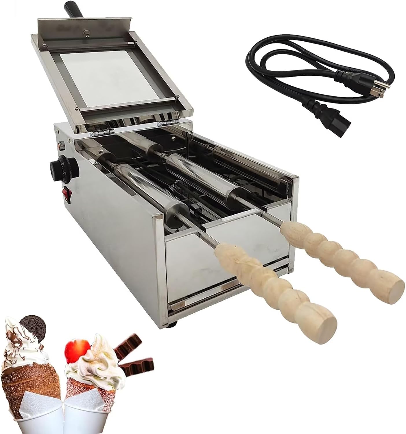 110V Commercial Chimney Cake Machine, 1500W Stainless Steel Kurtos Kalacs Oven, Electric 2 Roll Hungarian Ice Cream Cone Baker with Viewing Window