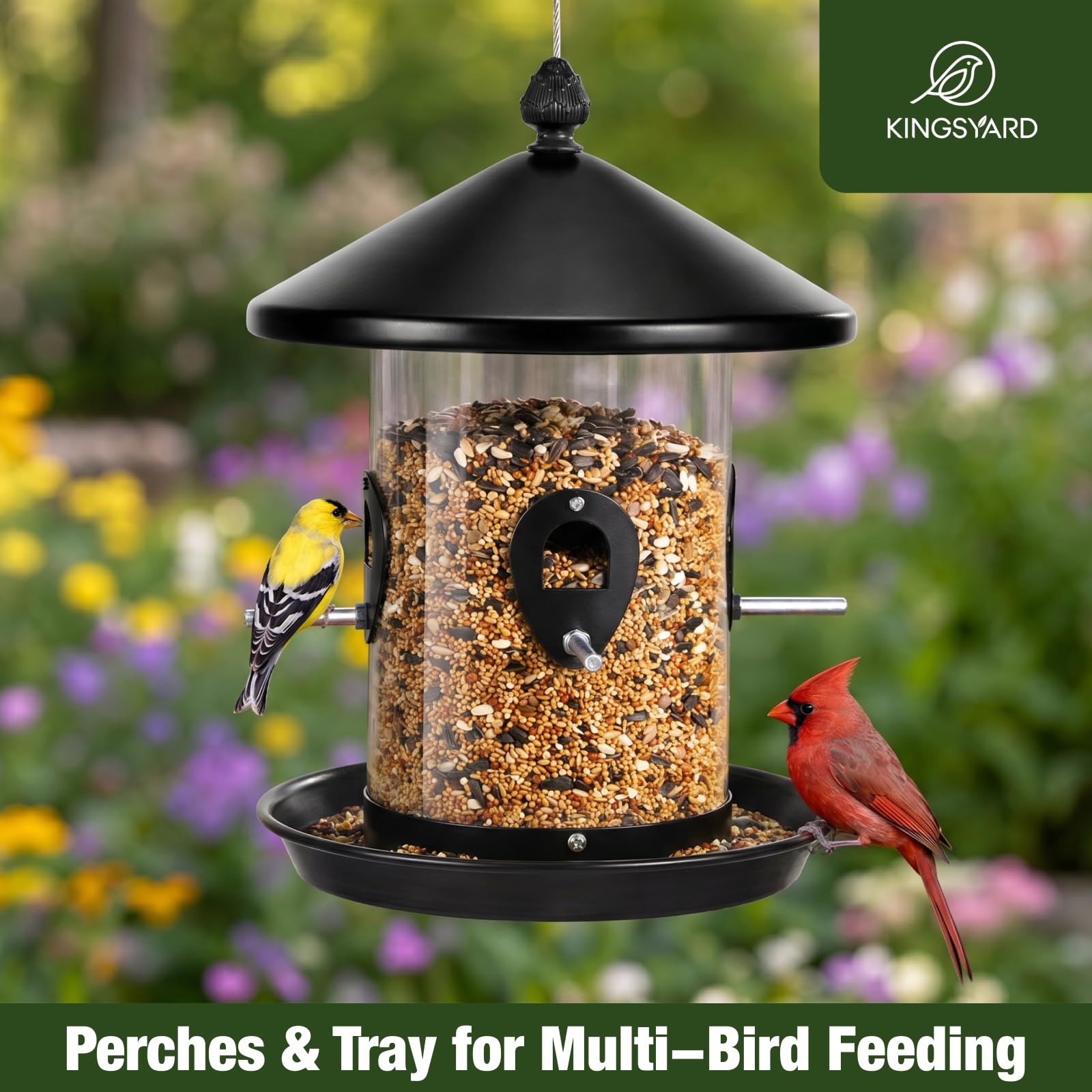 Kingsyard Comedero de metal para pájaros para colgar al aire libre, comederos de tolva con bandeja de semillas, tubo de gran capacidad de 3 libras con 4 puertos, fácil de llenar y limpiar, color negro