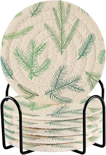 Christmas Tree Winter Cotton Coasters 4 Inch 6 Pcs Absorbent Coasters for Coffee Table Bar Essentials for Home Table Cup Decor