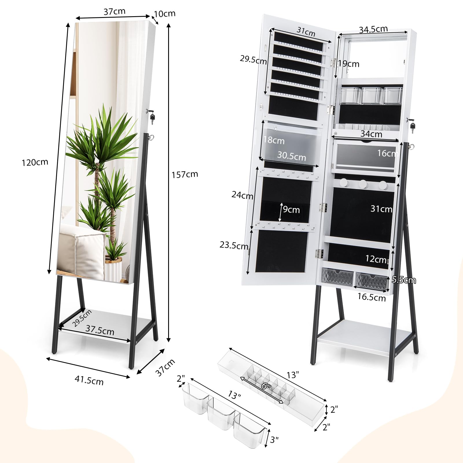 COSTWAY Armoire à Bijoux LED, Armoire de Rangement sur Pieds Verrouillable, Miroir Pleine Longueur HD, Lumières LED 3 Couleurs, Miroir Intérieur, pour Boucles d'Oreilles, Bagues, Colliers (Blanc)