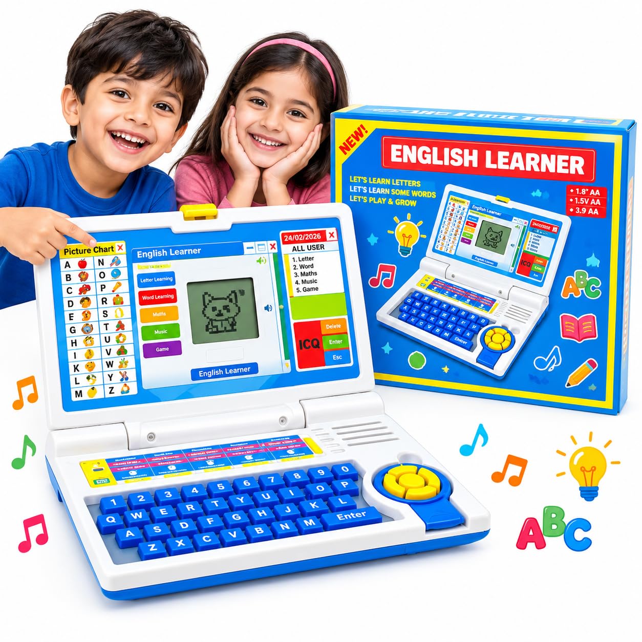 Educational Laptop Toy for Kids 3+ with LCD Screen, QWERTY Keyboard & Mouse | 20 Learning Activities for Alphabet, Words, Numbers, Music & Games | Blue and White