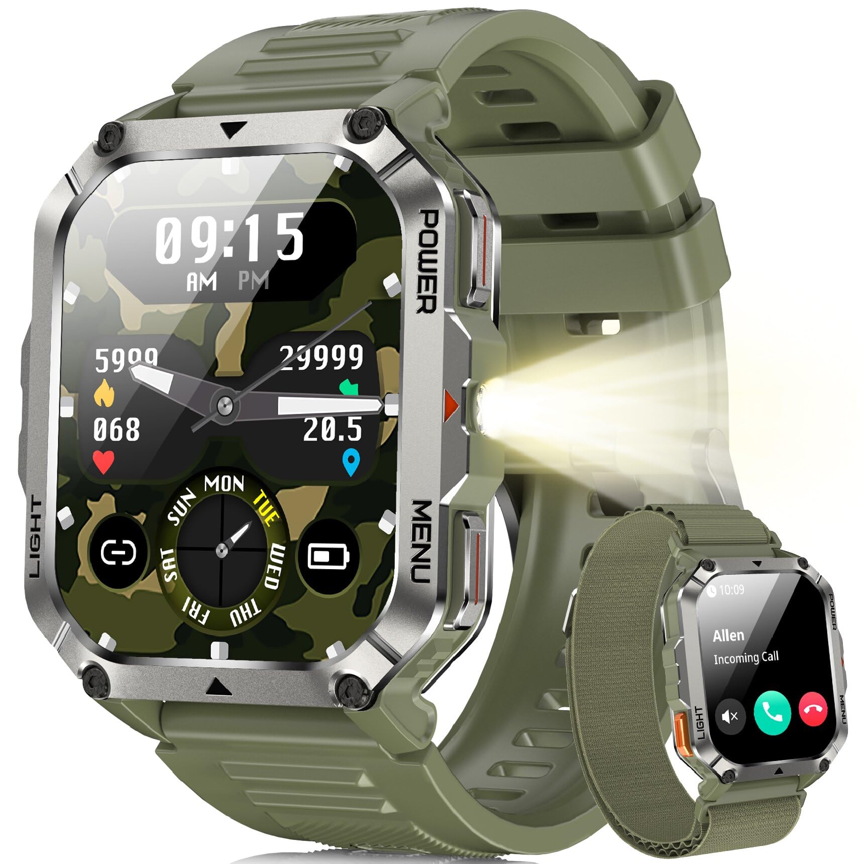 Blackview Smartwatch Herren mit 900mAh, Bluetooth-Anrufe/Kompass/LED-Beleuchtung/2 Armbänder (Silikon/Nylon), Sportuhr mit Puls-Schlaf-Schritte-Kalorien-Kilometer-Monitor, Fitnessuhr für Android iOS