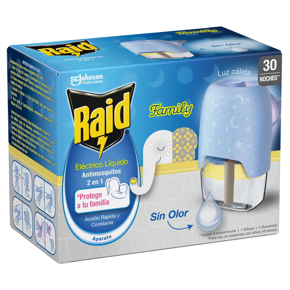 Raid® Eléctrico líquido Family 30 noches - Enchufe anti mosquitos común y tigre 2 en 1, mata y ahuyenta. Aparato + Recambio, sin olor, El embalaje puede variar