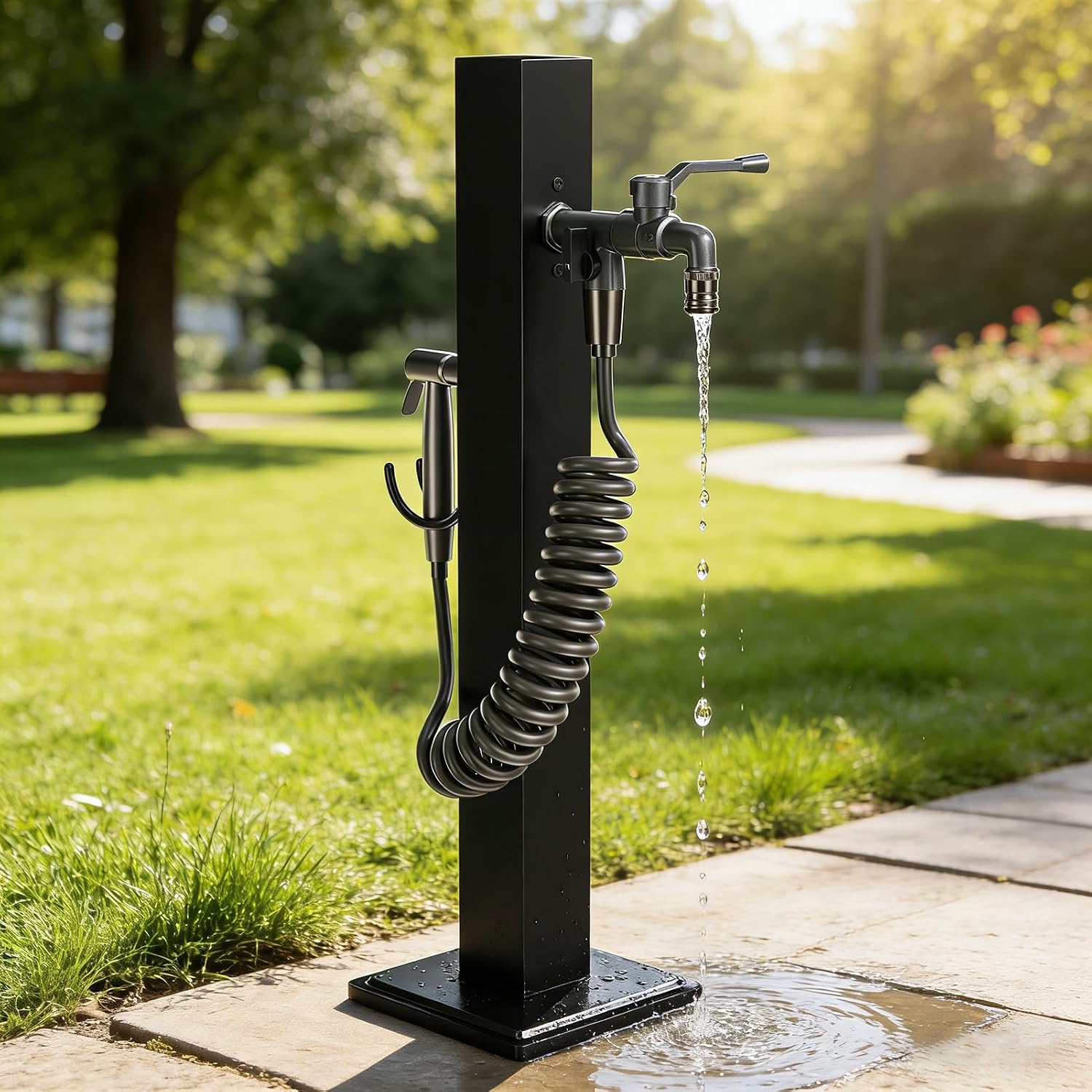 Stainless Steel Yard Hydrant, Freeze Proof Outdoor Faucet, Water Column with Hose, Bottom or Side Inlet, Outdoor Spigot for Patio Yard Garden Lawn Pasture Irrigation and Drinking (95cm/37.4in)