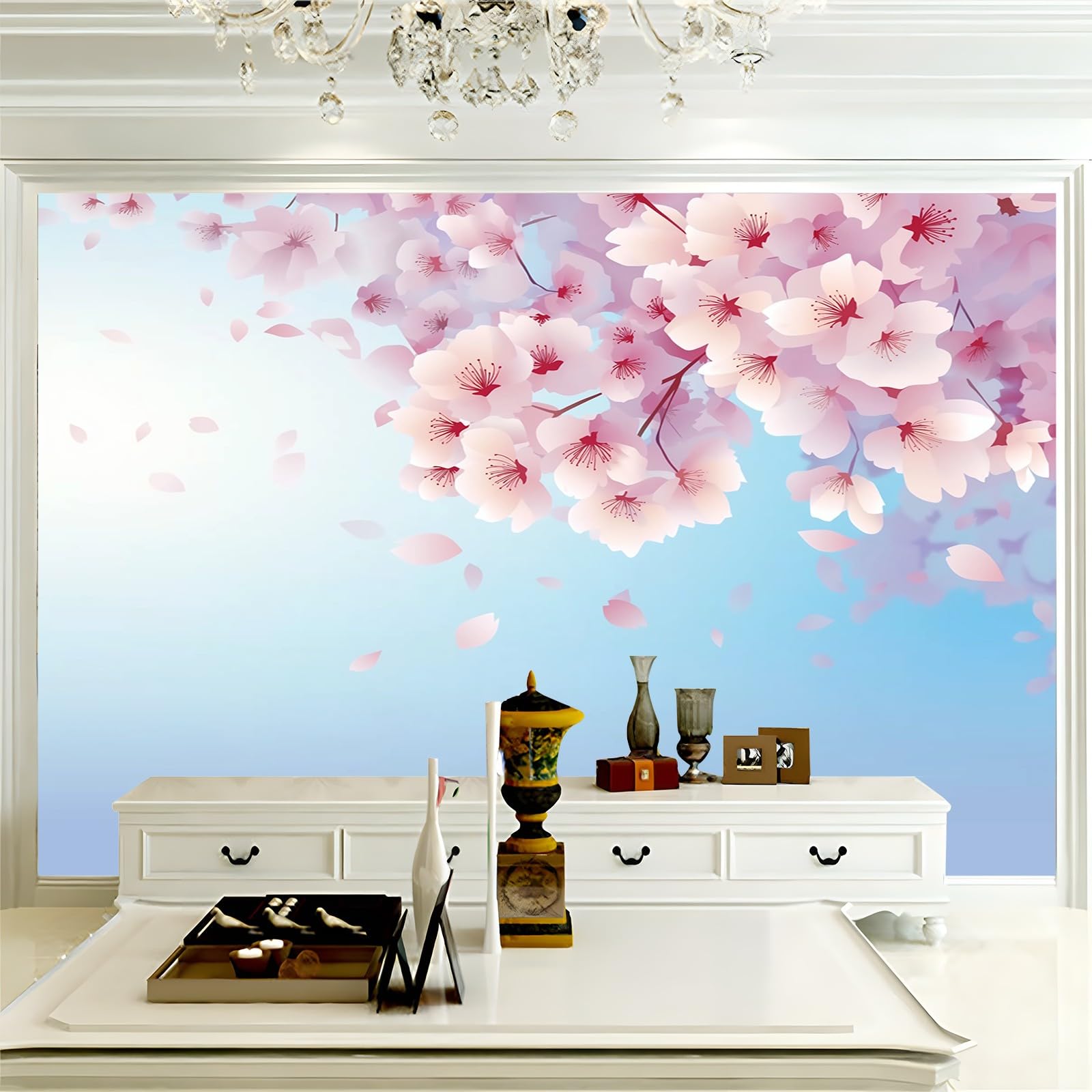 Panoramiczna tapeta kwiat wiśni miękka pastelowa róża biała 200 x 140 cm (szer. x wys.), panoramiczna gigantyczna tapeta 3D salon sypialnia jadalnia pokój dziecięcy dekoracje ścienne z włókniny