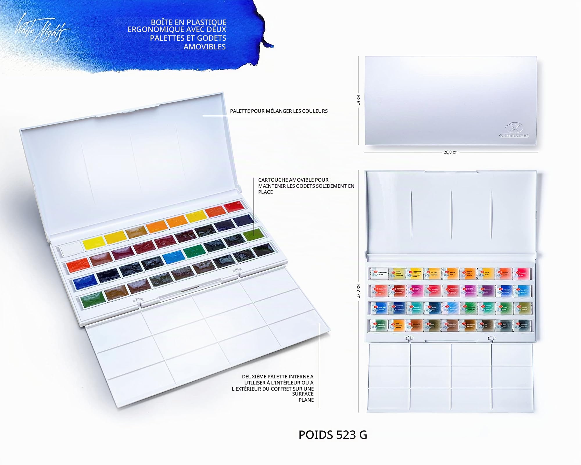 White Nights Aquarelle artiste russe set, 36 godets entiers boîte